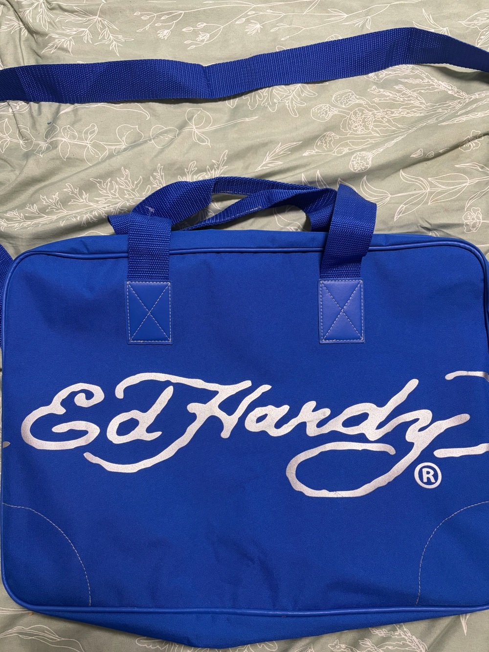 Ed Hardy Blue Duffle Bag with White Script